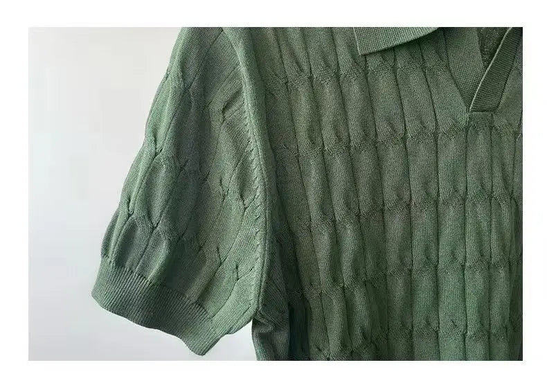 HEARUJOY  -  Summer Clothing Men's Light Luxury Knitted Jacquard Polo Shirt V-Neck Solid Color Short-sleeved Korean Popular Leisure Knitwear