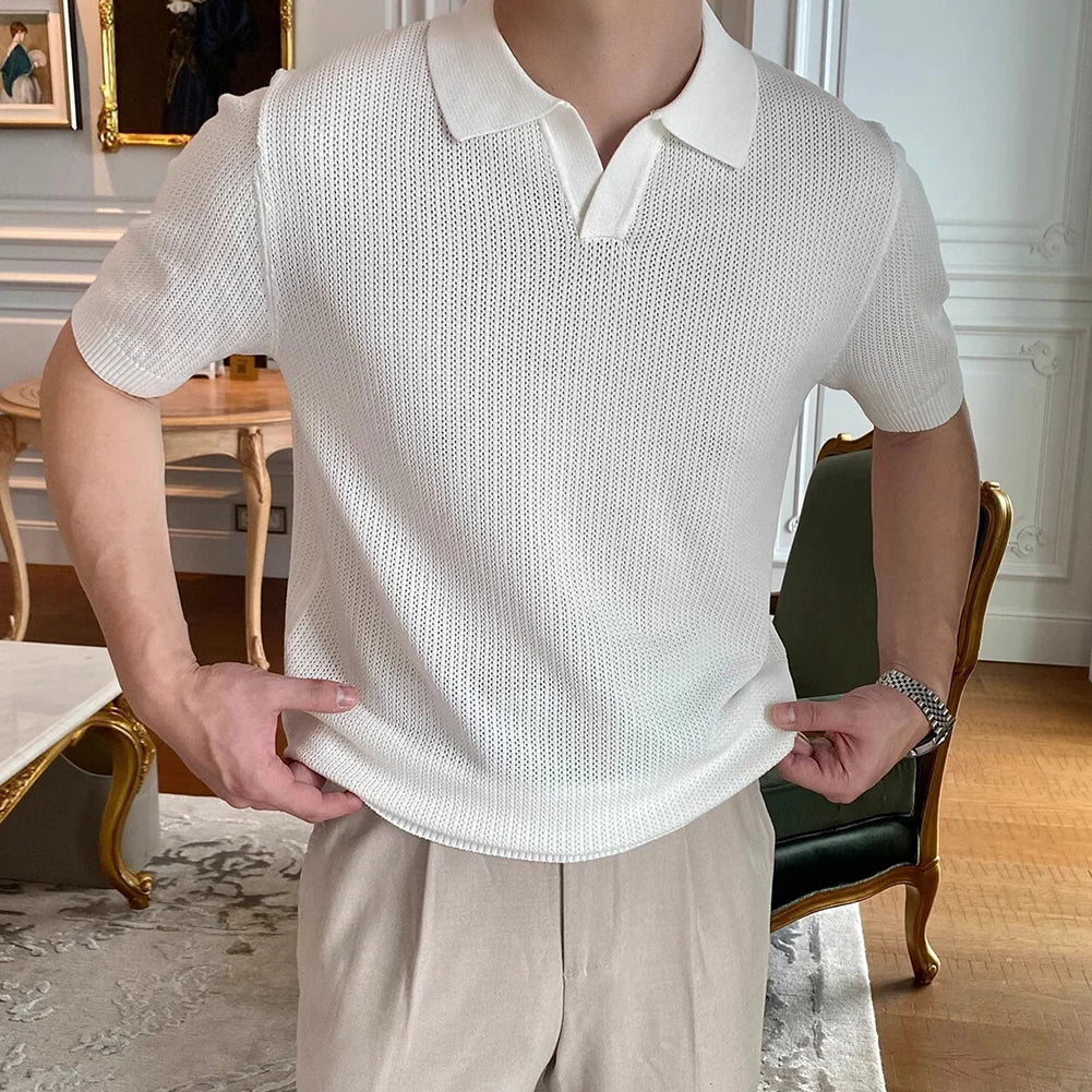 HEARUJOY  -  Casual Outings Short Sleeve Knitted Top Loose Fit Short Sleeve Top Fashion Male Clothing Slight Stretch Fabric