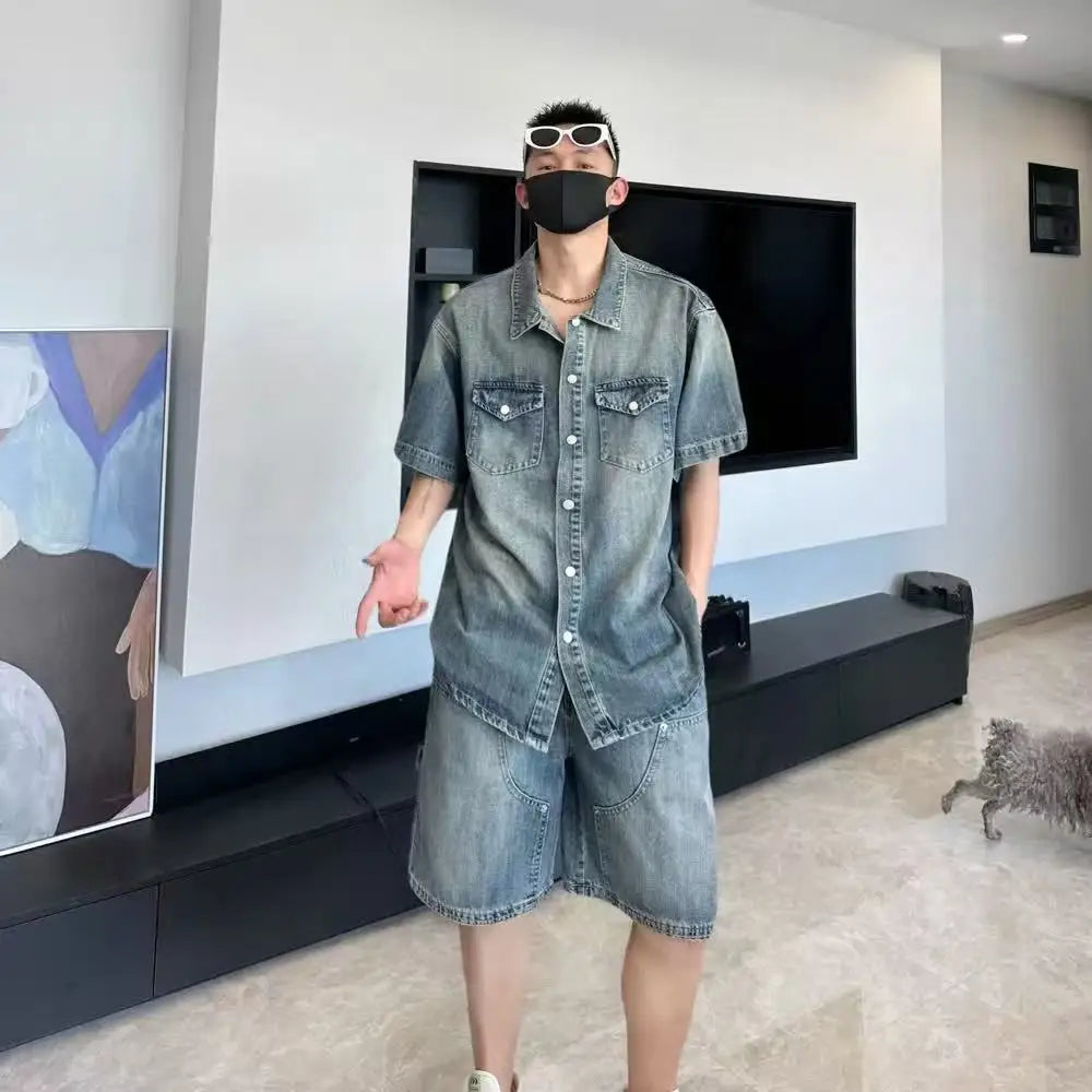 HEARUJOY  -  Casual Summer Short Sleeve Denim Shirts & Shorts Men's Sets Sreetwear Cotton Top Tee-Shirt Jean & Pant Two Piece Clothing