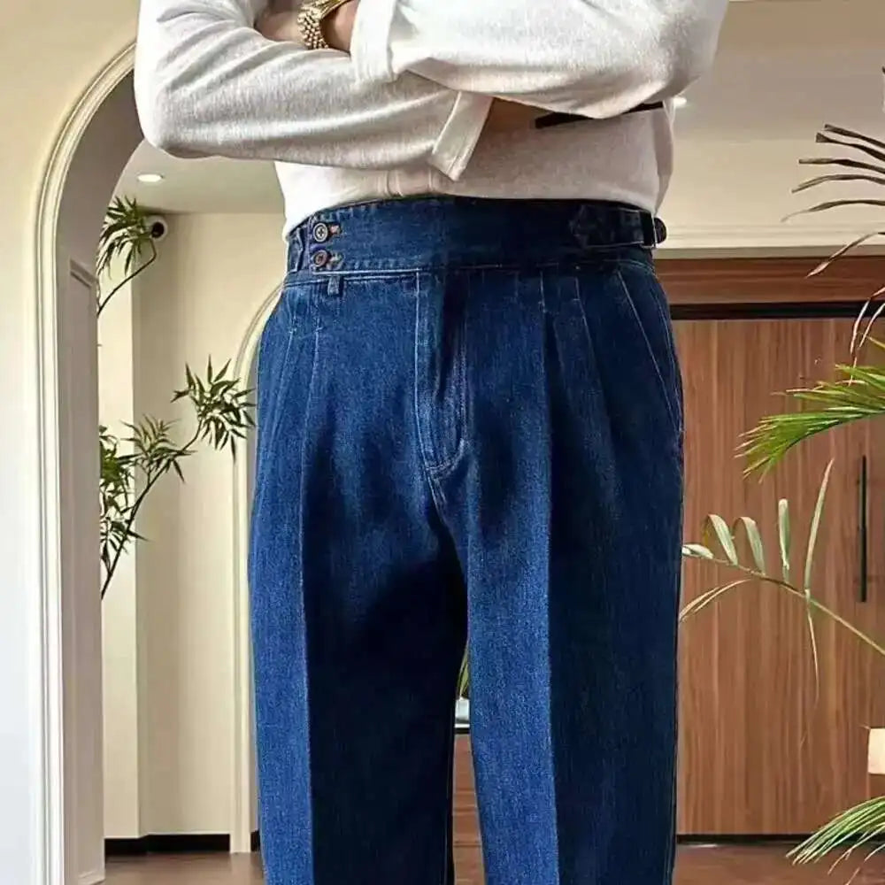 HEARUJOY  -  High Quality Double Pleated Jeans Straight Leg Pant Naples Straight Tube Loose Washed High Grade Business Pant Men Dress Trouser