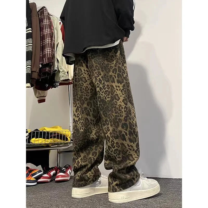 Hearujoy New Men's Jeans Neutral Wide Leg Denim Trousers Loose Straight  Jeans Youth Street Casual Velvet Leopard Print Hip Hop Pants