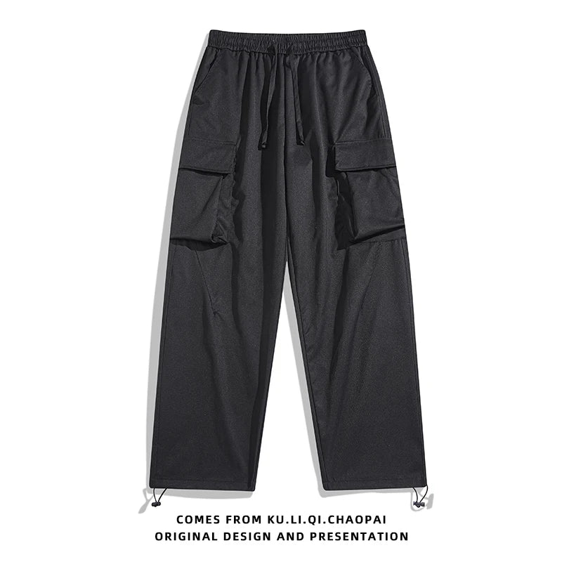 HEARUJOY  -  Men Elastic Waist Solid Color Cargo Pants Multi Pocket Loose Baggy Pants for Women Streetwear Harem Casual Pants하렘 바지