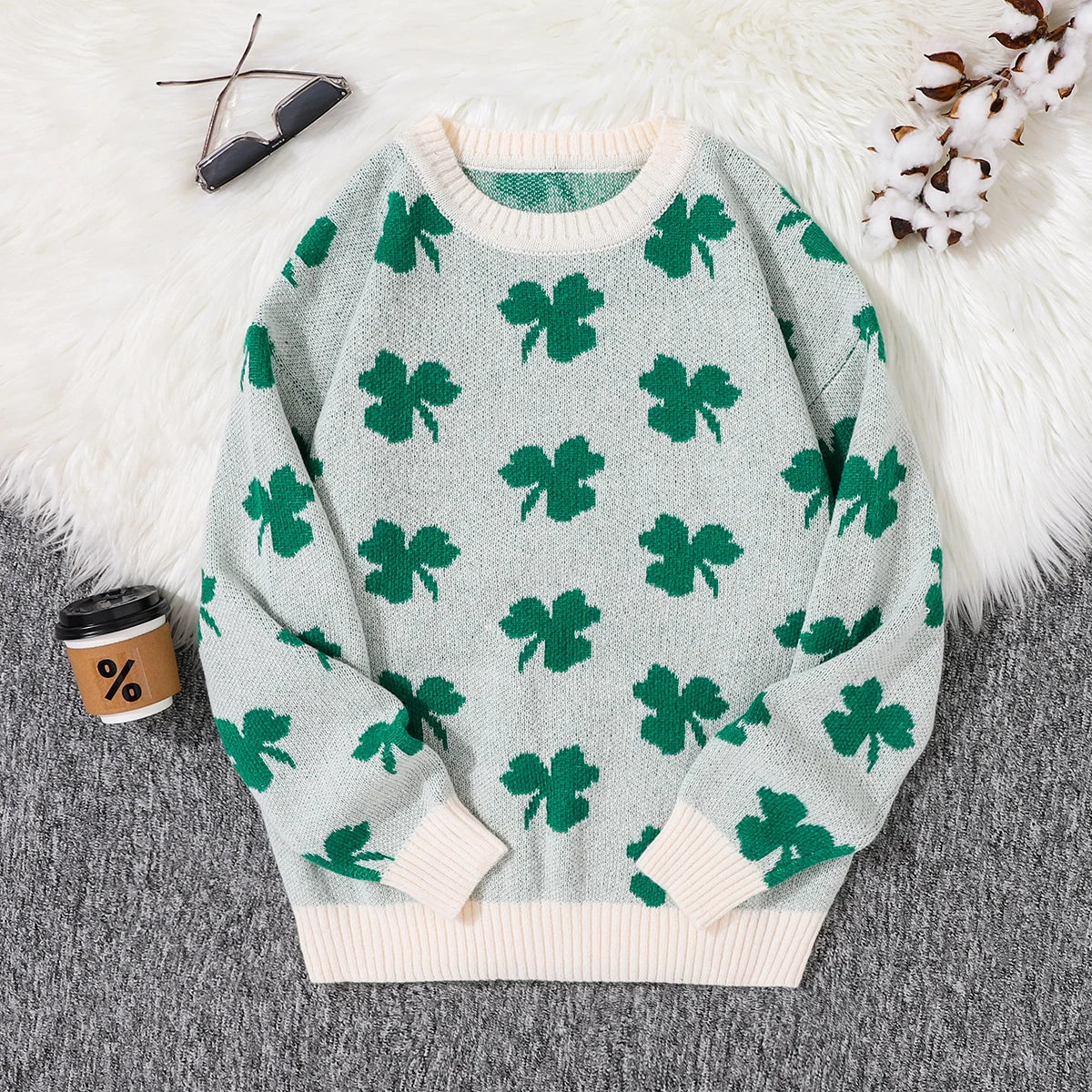 HEARUJOY  -  Four-Leaf Clover Jacquard Pattern Pullover Sweater Casual Round Neck Contrast Color Knitted Men's Pullover