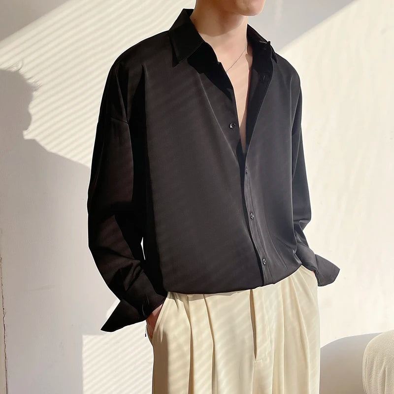 HEARUJOY  -  Long Sleeved Shirt Men Oversized Fashion Social Mens Dress Shirt Korean Loose Ice Silk White Shirt Mens Office Formal Shirts