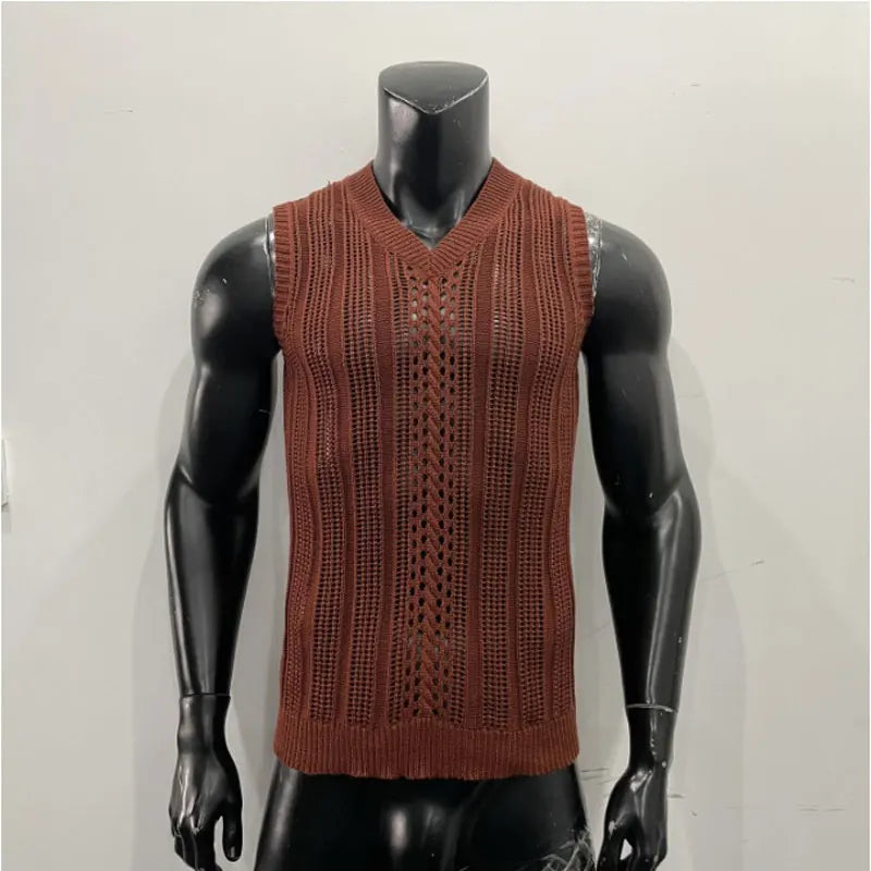 HEARUJOY  -  Loose Knit Sports Vest For Men Sexy Hollow Out Sleeveless Tank Tops Fashion Leisure Knitted Breathable Mesh Waistcoat Streetwear