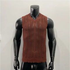 HEARUJOY  -  Loose Knit Sports Vest For Men Sexy Hollow Out Sleeveless Tank Tops Fashion Leisure Knitted Breathable Mesh Waistcoat Streetwear
