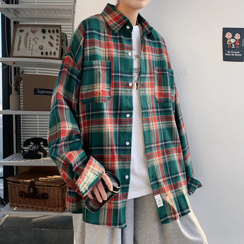 Hearujoy Long Sleeved Shirt Men Oversized Fashion Retro Plaid Shirt Men Streetwear Loose Casual Shirt Mens Vintage Shirts Plus Size 5XL