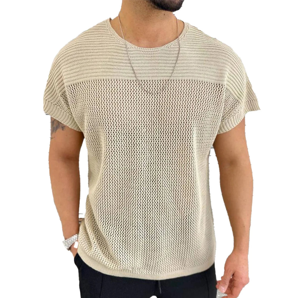 HEARUJOY  -  Comfort Men Top T-shirts O Neck Hollow Out Knitted Knitting Loose Regular Short Sleeve Solid Sports Stylish Summer