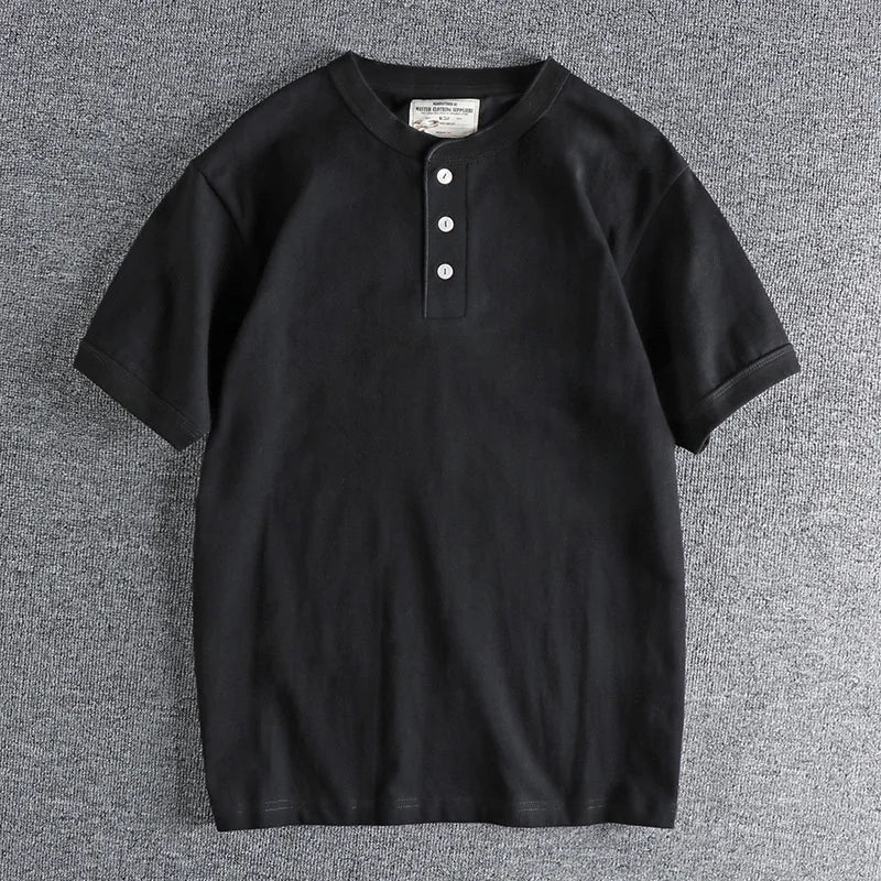 HEARUJOY  -  Tough Guy Style Heavyweight Wash Cotton Henry Neck Short Sleeve T-shirt Men's Summer Personalized Versatile Tops Tee Sold Color