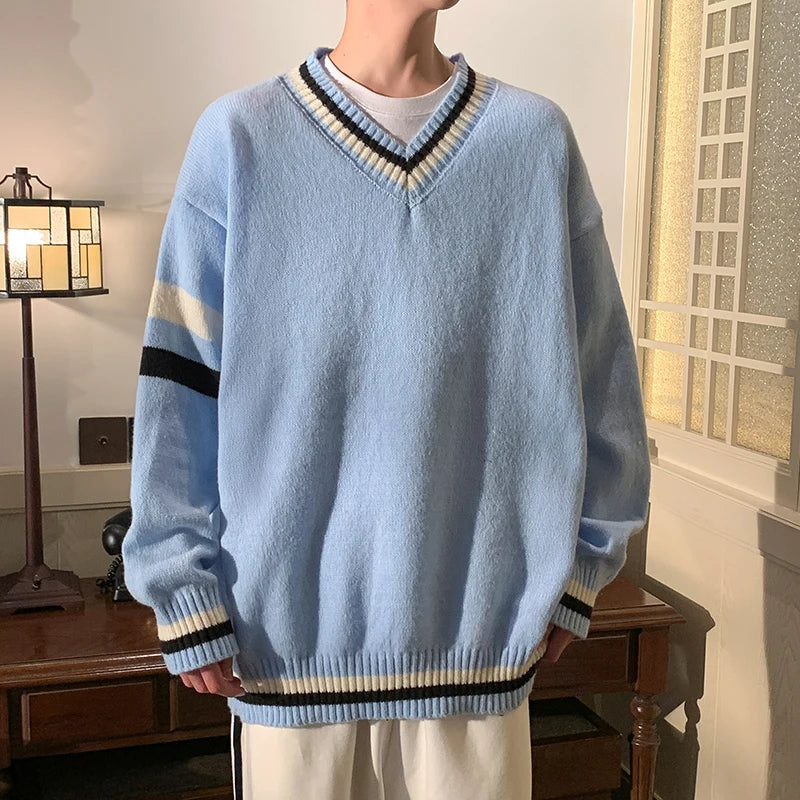 HEARUJOY  -  Preppy V-neck Sweater for Men Couples Pullovers Ins Knitted Top Autumn Korean Trendy Loose-fit Line Clothes for Students Youth