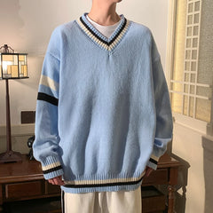 HEARUJOY  -  Preppy V-neck Sweater for Men Couples Pullovers Ins Knitted Top Autumn Korean Trendy Loose-fit Line Clothes for Students Youth