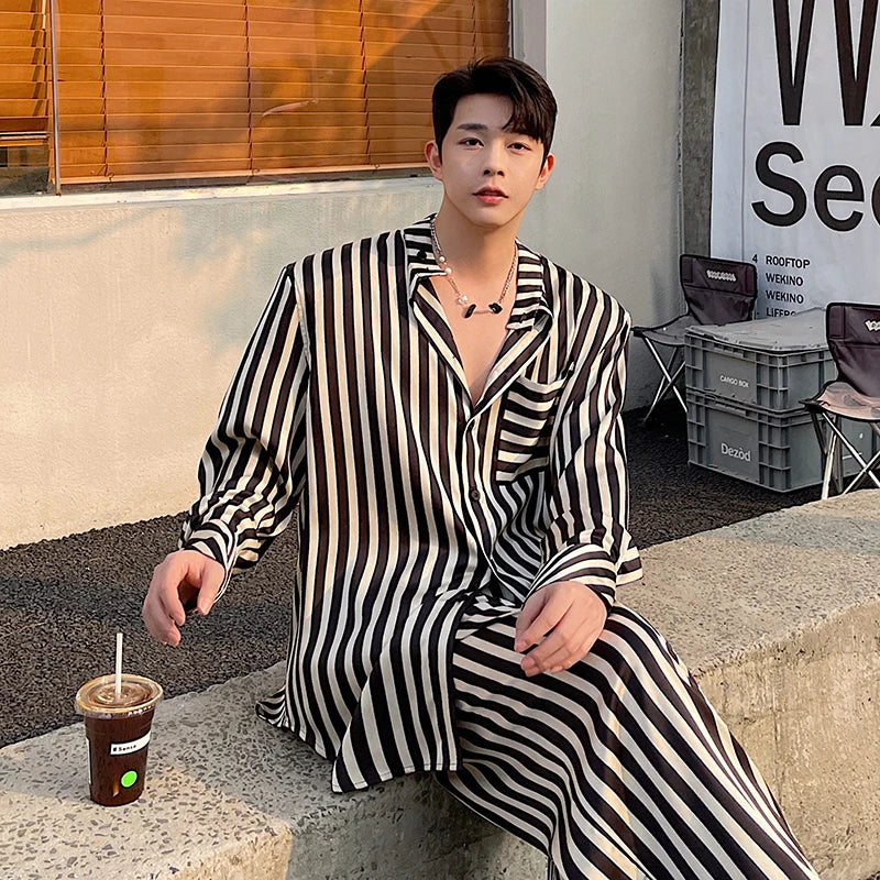 Hearujoy spring summer fashion trend stripe contrast color satin shoulder pad shirt men's suit straight wide leg pants two-piece set