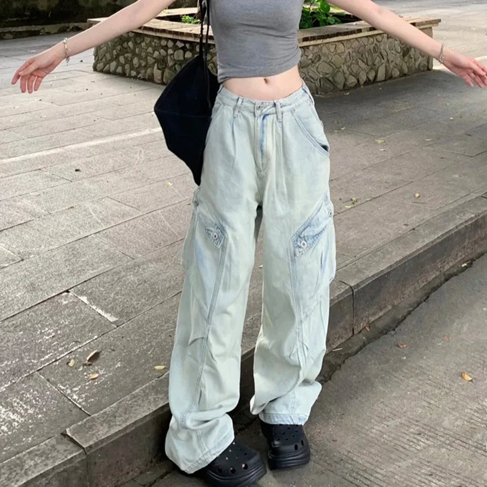 Hearujoy High Street Side Big Pockets Washed Baggy Mens and Womens Blue Jeans Pants Straight Ropa Hombre Loose Denim Trousers Oversized