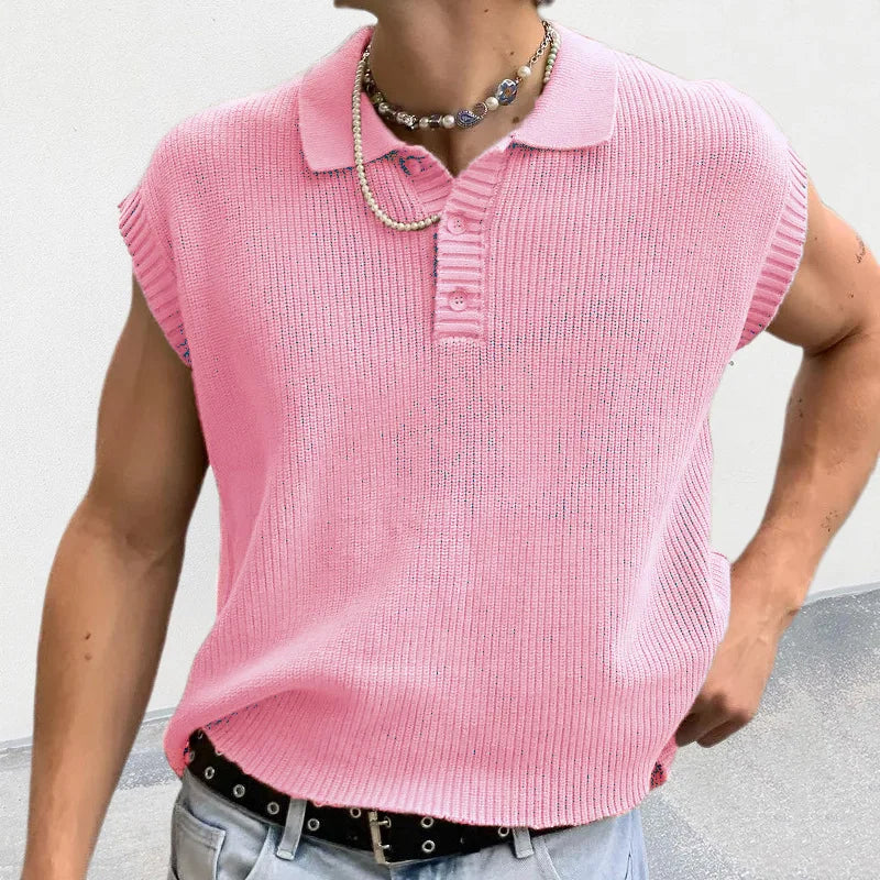 HEARUJOY  -  Fashion Mens Knit Polo Shirt Sleeveless Lapel Button Loose Tee Tops Spring Summer Casual Trend Polos Tshirt Men Clothing