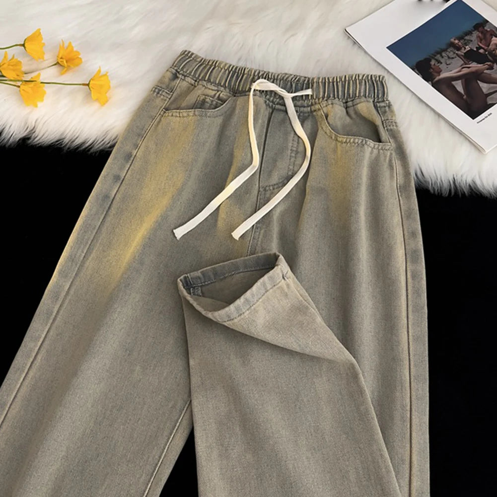 HEARUJOY  -  Men Vintage Korean Casual Pants High Street Hip Hop Straight Wide Leg Jeans Male Drawstring Streetwear