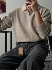 HEARUJOY  -  Spring Autumn Casual Knitting Men Polo Shirts Long Sleeve Slim Fit Elastic Knit Jumper Tops Men's Stylish Solid Color Polo Shirt