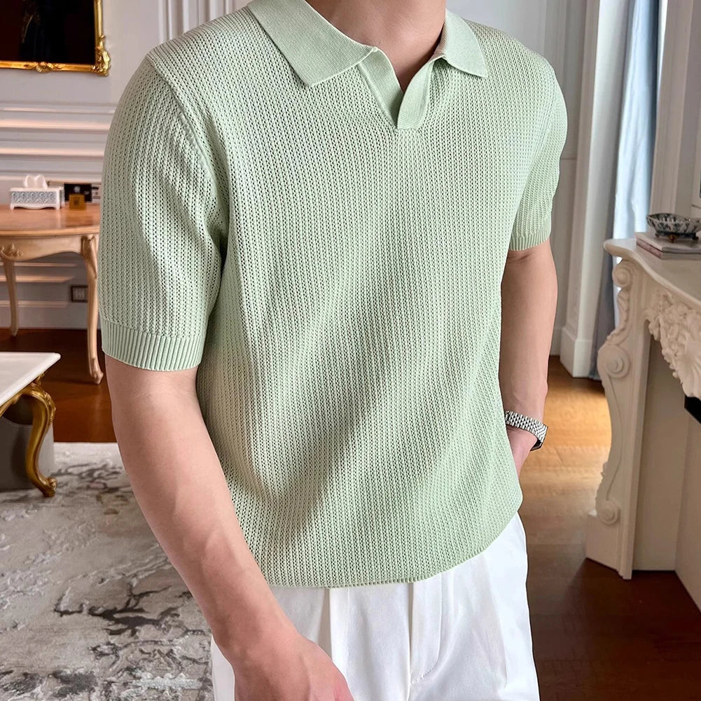 HEARUJOY  -  Casual Outings Short Sleeve Knitted Top Loose Fit Short Sleeve Top Fashion Male Clothing Slight Stretch Fabric