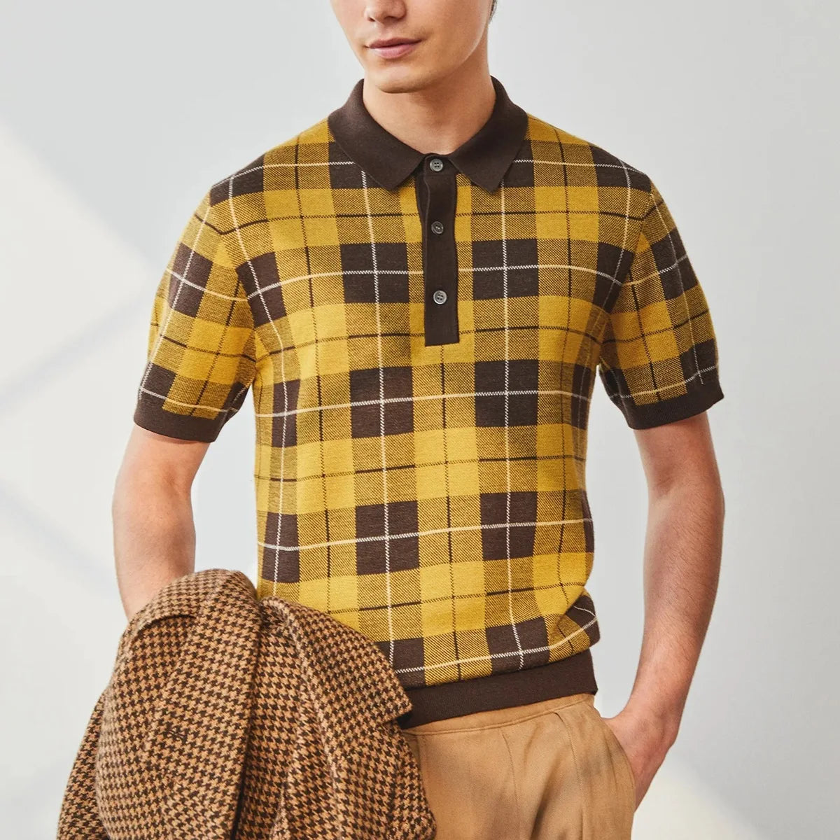HEARUJOY  -  British Style Luxury Plaid Jacquard Knitted Polo Shirt For Men High Quality Short Sleeve Tops Spring Summer Fashion Kint Tshirts