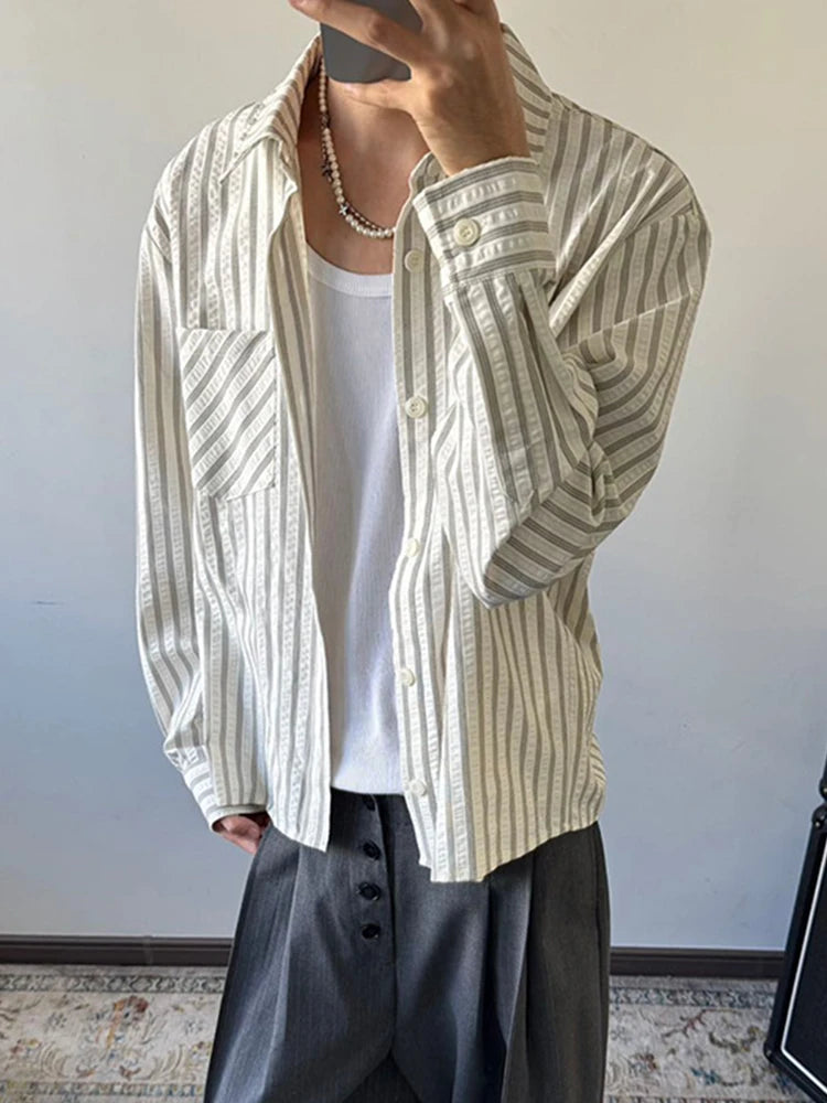 HEARUJOY  -  Spring Fall Casual Mens Striped Printed Shirt Long Sleeve Button-up Turn-down Collar Vintage Shirts Men Daily Leisure Cardigans