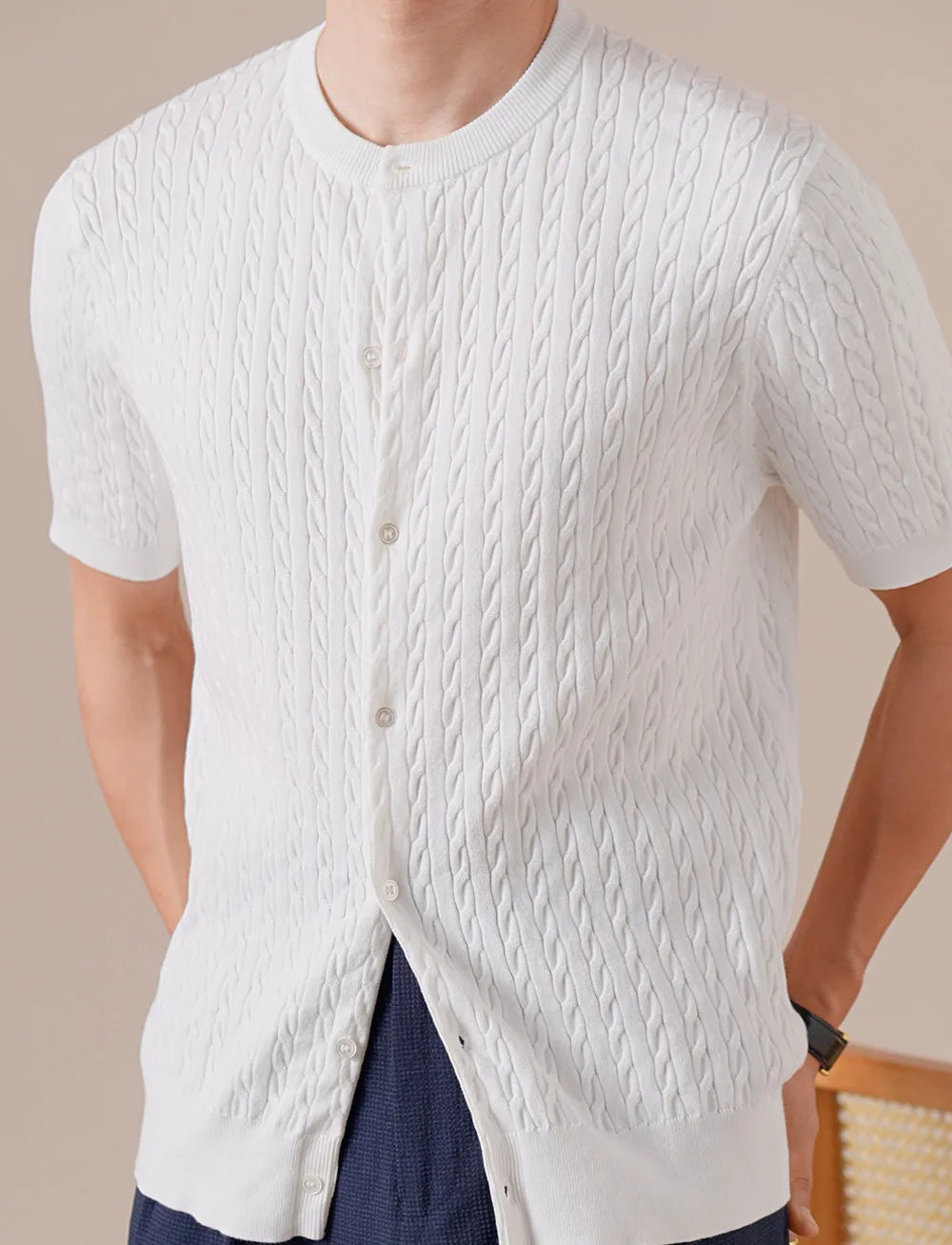 HEARUJOY  -  Summer Tencel Cotton Jacquard Knit Cardigan Men's Short Sleeve Thin Round Neck Draped Casual Business T-Shirt Breathable Polo