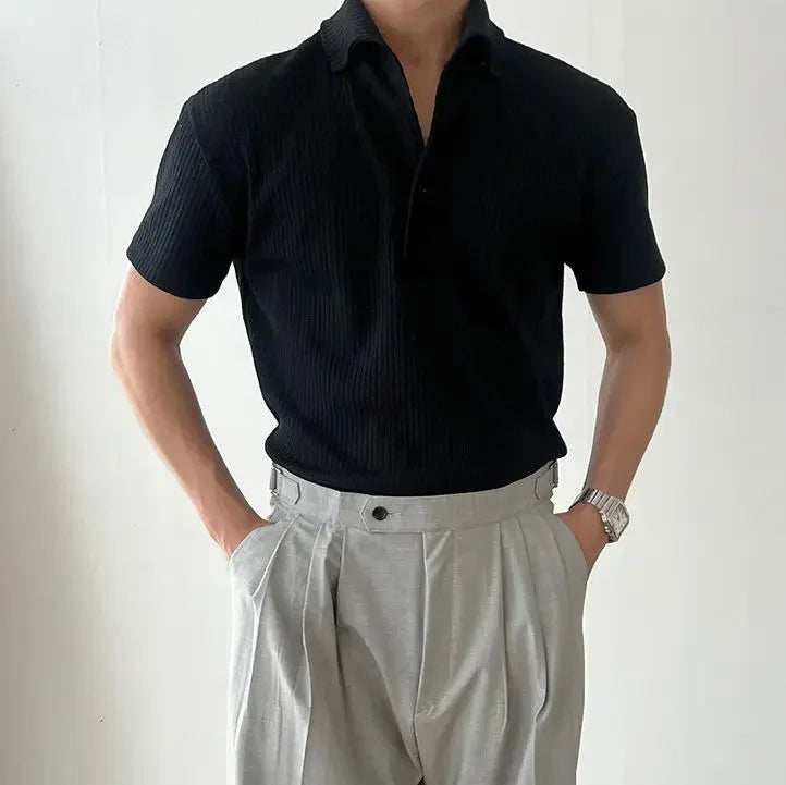 HEARUJOY  -  American Muscle Summer Fitness Suit Men's Elastic Breathable Sports Men's T-shirt Vertical Thread Slim Lapel Short Sleeves