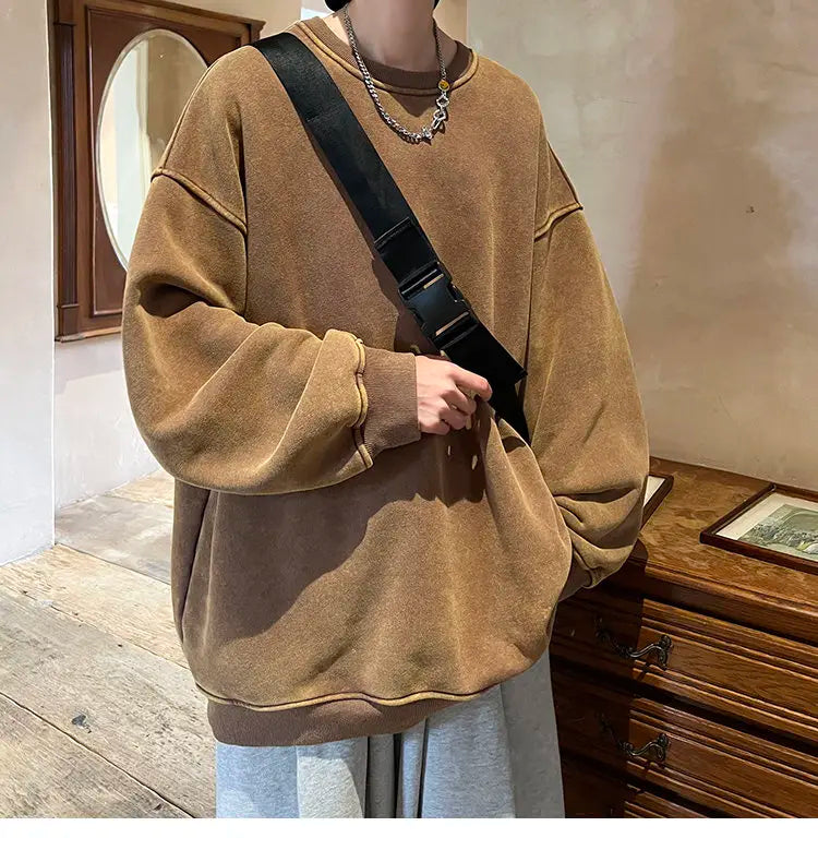 HEARUJOY  -  American Washed Old Pullovers Sweatshirts Men Loose Solid Color 2025 Autumn Large Size Warm O Neck Tops Hip Hop Y2k Sweatshirt