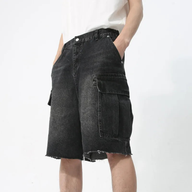 Hearujoy Men's Denim Shorts Knee Length Casual Zipper Loose Male Jeans New Korean Style Big Pocket Design Washed Overalls 9C5738