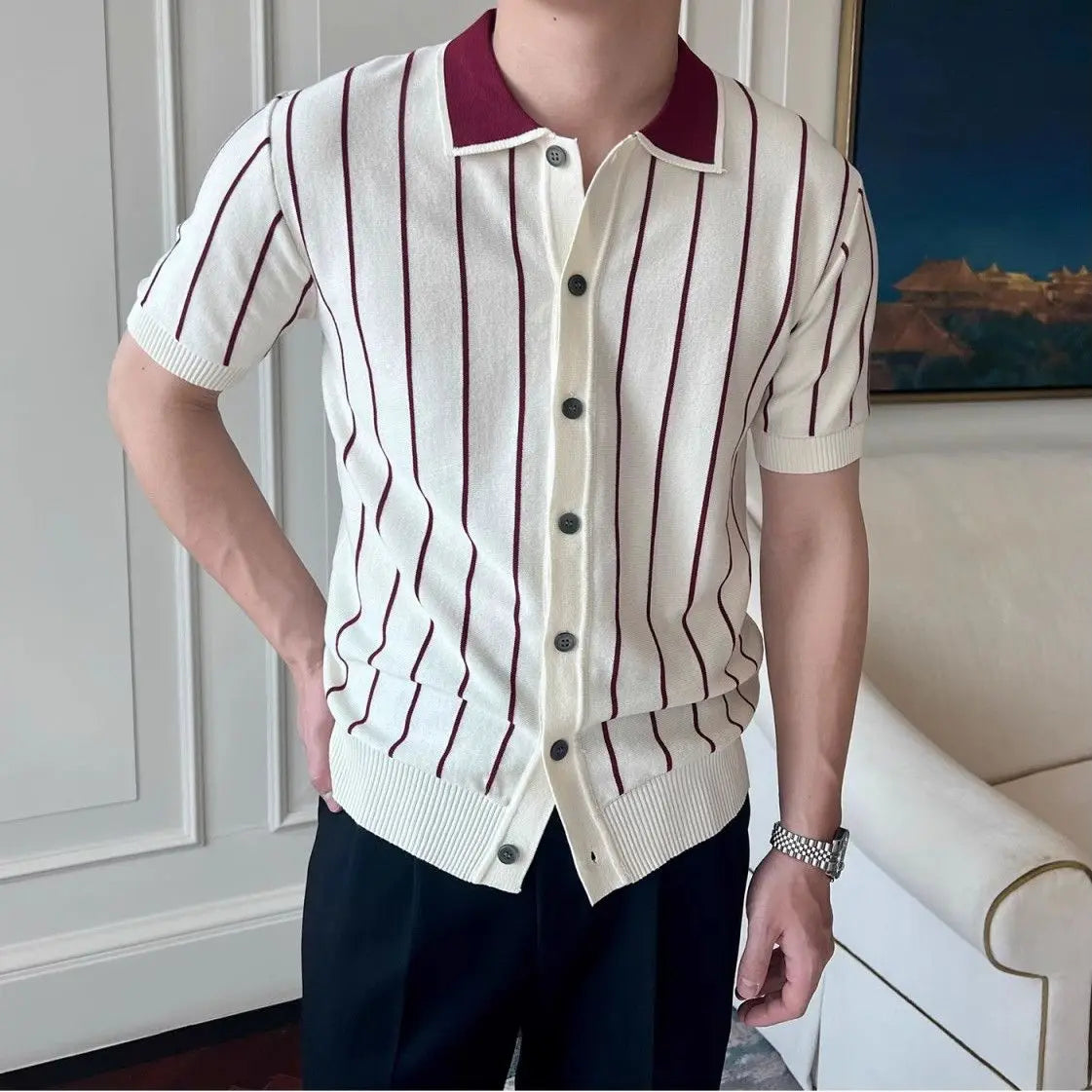 HEARUJOY  -  Men's Knitted Stripe Short Sleeve T-Shirt, New Summer Fashion Trendy Brand Youth Versatile Casual Polo Shirt