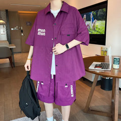 HEARUJOY  -  Summer Set Men's Casual Single Breasted Short Sleeve Shirt Shorts Loose Fashion High Quality Sweatshirt Suit