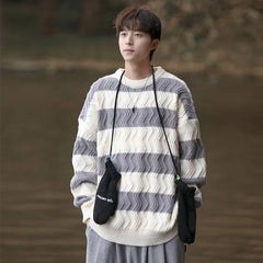 HEARUJOY  -  Men Trendy Striped Simple Casual Streetwear All Match Knitted Sweater Korean Youth Round Neck Long Sleeve Oversize Pullover Tops