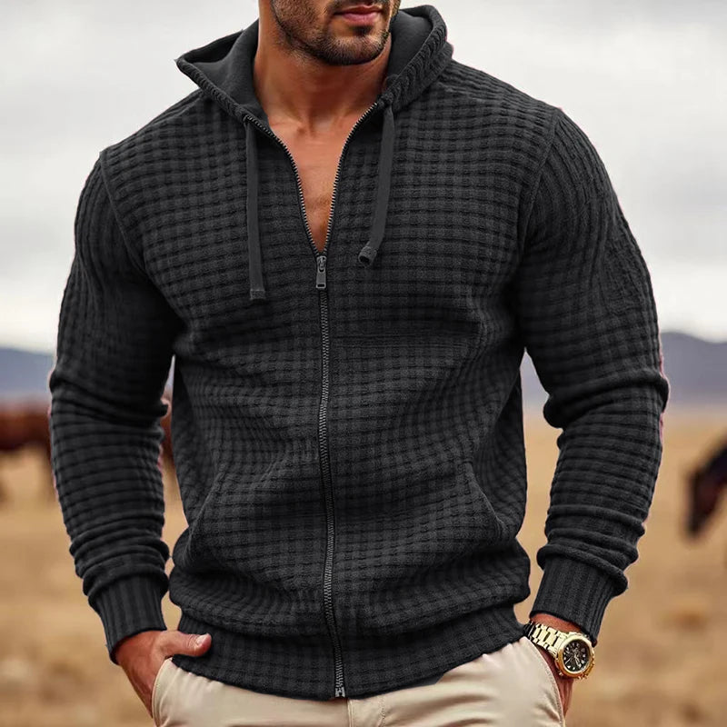 HEARUJOY  -  Stylish Loose Cardigan Tops Men Autumn Daily Casual Plaid Texture Zip-up Hooded Jackets For Mens Vintage Long Sleeve Jacket Coat