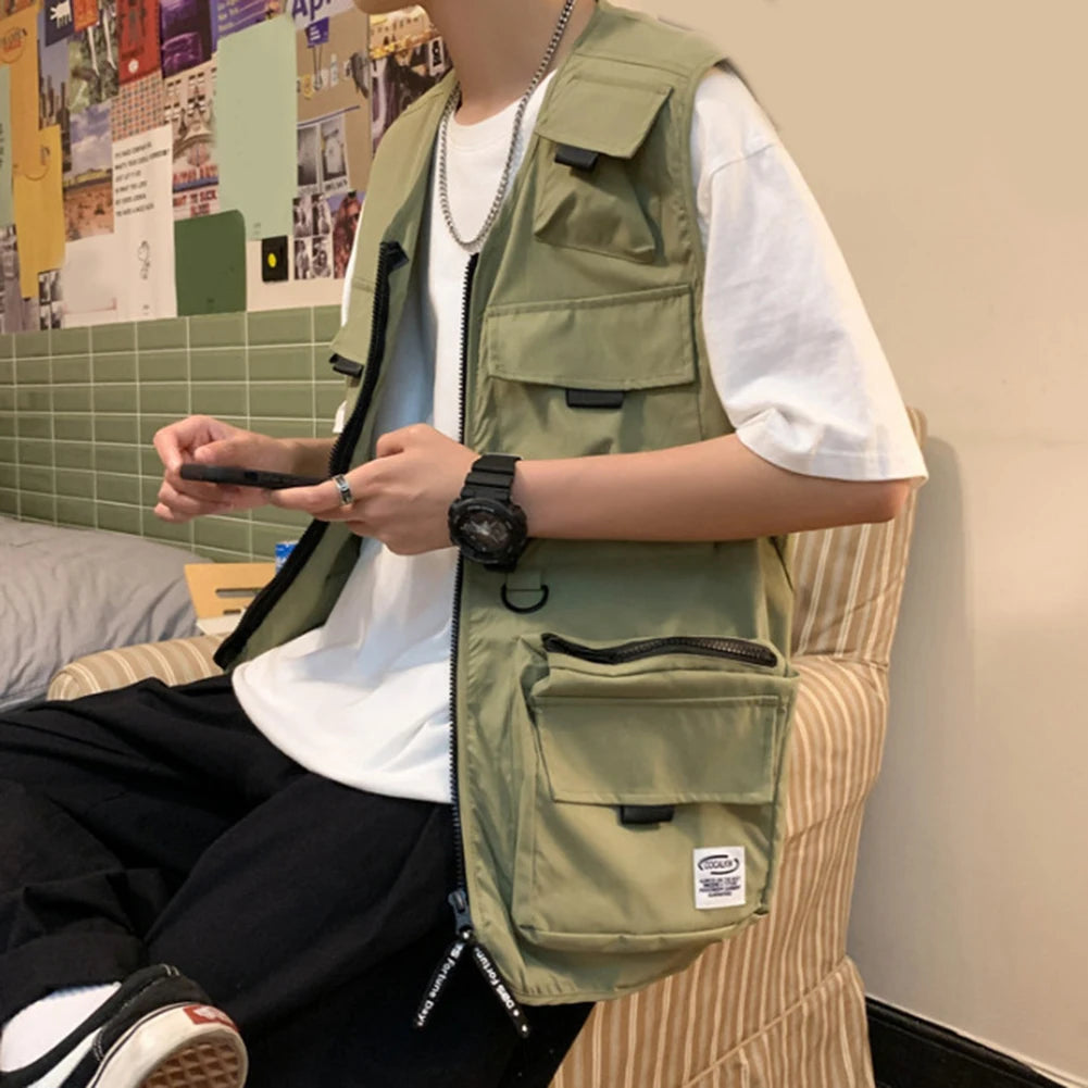 HEARUJOY  -  Beach Holiday Green Men Cargo Vest Multi-pocket Sleeveless Vest Loose Fit Waistcoat Good For Vacation Polyester Fabric