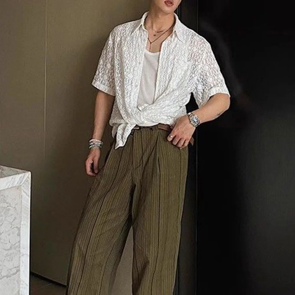 HEARUJOY  -  Mens Shirt Lace See-Through Transparent Geometric Shirt Summer Beach Vacation Hawaiian Slim Short Sleeve Top Men'S Clothing