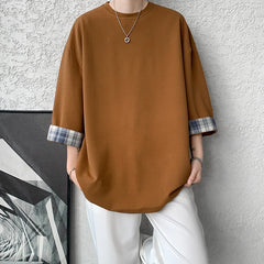 Hearujoy 8XL-M Spring Summer Men's Ice Silk T-shirts Women Oversized Plaid T-shirt Korean Style Casual Seven sleeves T-Shirt Male