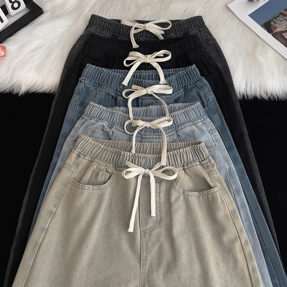 HEARUJOY  -  Men Vintage Korean Casual Pants High Street Hip Hop Straight Wide Leg Jeans Male Drawstring Streetwear