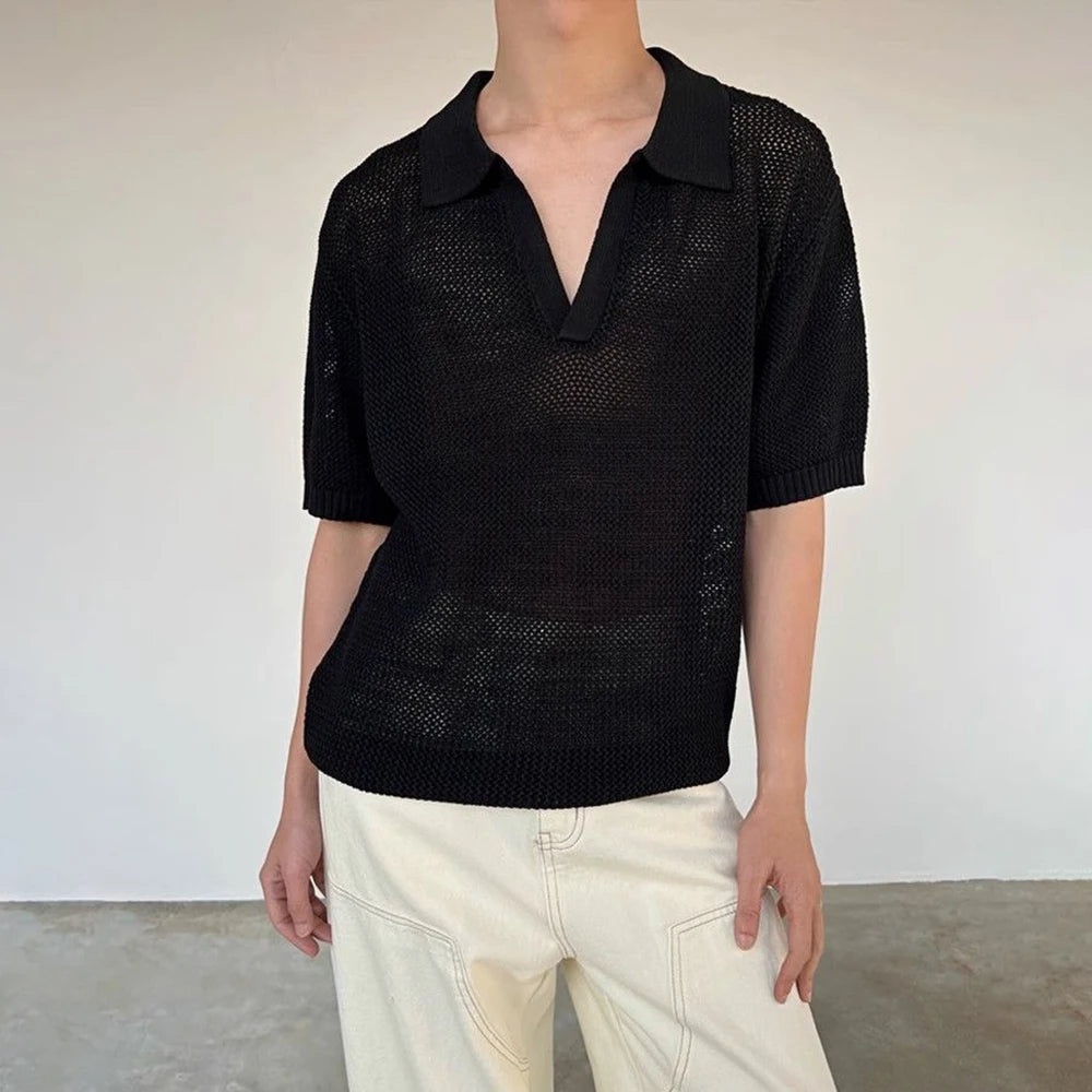 HEARUJOY  -  Summer New Men's Hollow Solid Color Knitted Short-Sleeved T-Shirt Retro Fashion Trend Casual Simple Loose Breathable Men's Tops