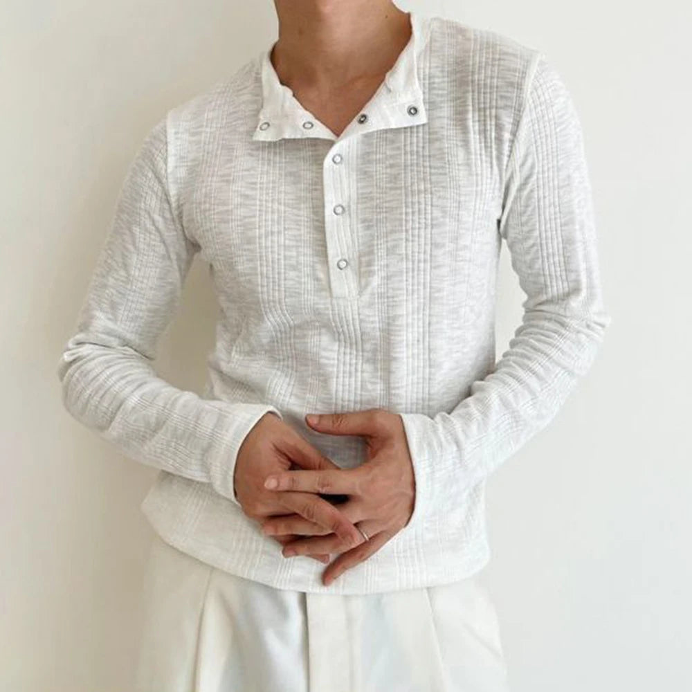 HEARUJOY  -  American Street Fashion Simple Slim Fit Solid Color Knitted Long-Sleeved Shirt Mens Design Lazy Casual Slim Fit Bottoming Shirt
