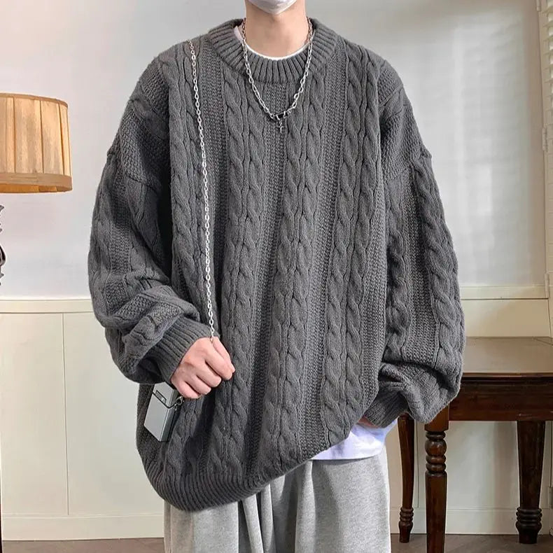 Hearujoy Solid Colour Ribbed Twist Pattern Round Neck Pullover Sweater Men Women Autumn Winter Couple Loose Knitted Woolen Top Warm Soft