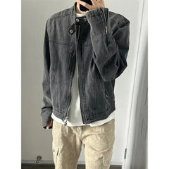 HEARUJOY  -  Punk Gray Denim Jacket Men's American Retro Heavy Industry Coat Metal Design Stand Collar Old Washed Short Spliced Street Jacket