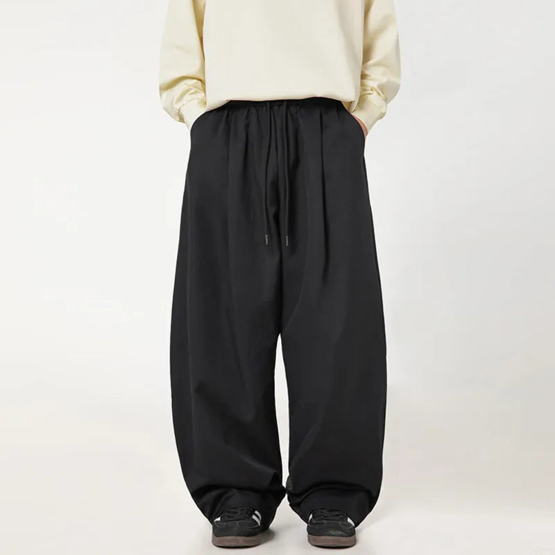 HEARUJOY  -  Pleated Design Men Casual Trousers Solid Color Drawstring Summer Korean Style Elastic Waist Straight Leg Male Pants 9W3495