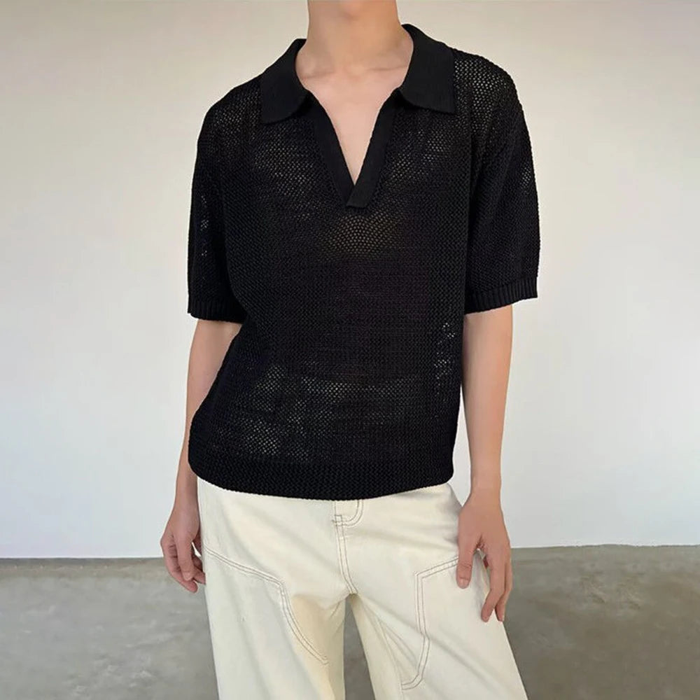 HEARUJOY  -  Summer New Men's Solid Color Hollow Short Sleeve T-shirt American Retro Fashion Trend Loose Simple Breathable Men's Tops