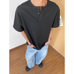 HEARUJOY  -  Summer Short Sleeved T-shirt Men Black White Casual T Shirt Men Streetwear Korean Loose Round Neck Button T Shirt Mens Top M-3XL