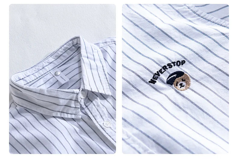 HEARUJOY  -  Men's Cotton Long Sleeve Shirt Spring Summer Casual Bear Embroidered Striped Long-sleeved Square Collar Breathable Shirts Man