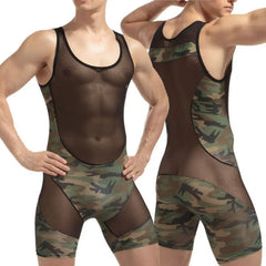 Hearujoy Bodysuit Siamese Underwear Panties Shapers Buttons Wresling Suit Breathable Mesh Mens Underwear Camouflage Transparent Bodywear