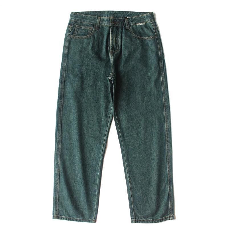 HEARUJOY  -  Spring/Fall Forest Green American Vintage Washed Jeans for Men Distressed Retro Style Straight-Leg Loose Fit Casual Denim Pants