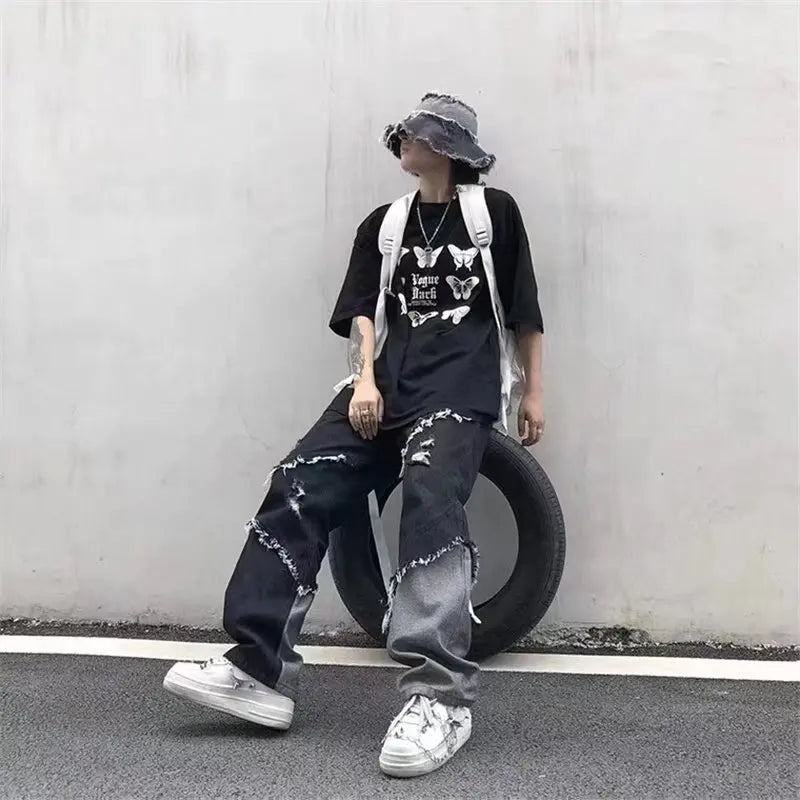 HEARUJOY  -  Mens Jeans Pants With Hole Casual Vintage Straight Leg Korean Fashion Streetwear Harajuku Trousers