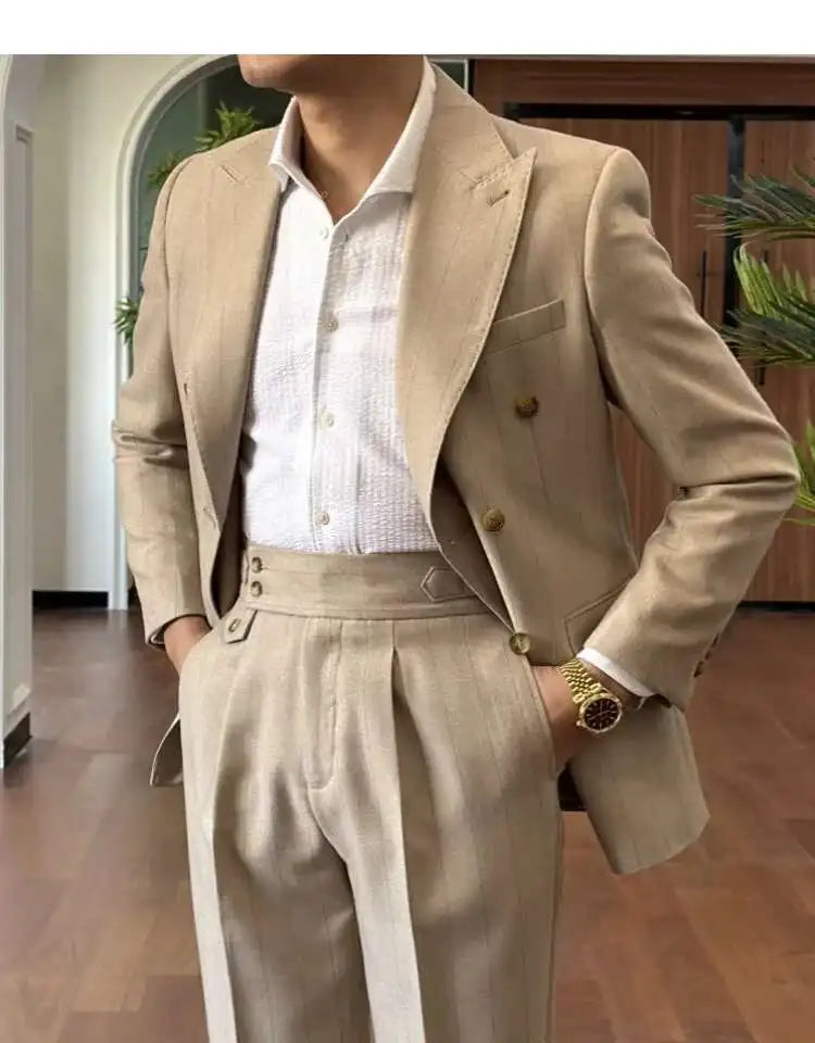 HEARUJOY  -  Men Suit Designers Slim Fit Business Casual Striped Double Breasted Suit Set Trend Traje Novio 2025 Men Tuxedo Suit Grooms Suit