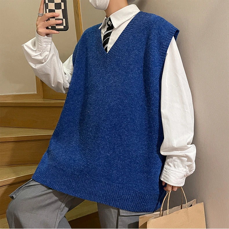 HEARUJOY  -  Autumn Streetwear Mens Loose Sweater Vest Casual Thermal Oversized Winter Sweater Vest Men Sweater Vest  for Daily Wear