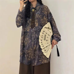 HEARUJOY  -  Loose Long Sleeve Shirt Men Women Casual Streetwear American Retro Purple Print Inner Wear Fashionable Male Female Top