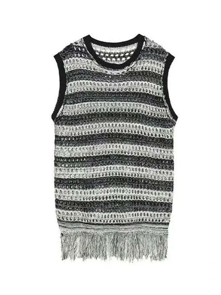 Hearujoy Striped Mesh Vest for Men Vintage Knit Tank Tops Sleeveless Tee Male Casual Summer Beach Japanese Streetwear Hip Hop